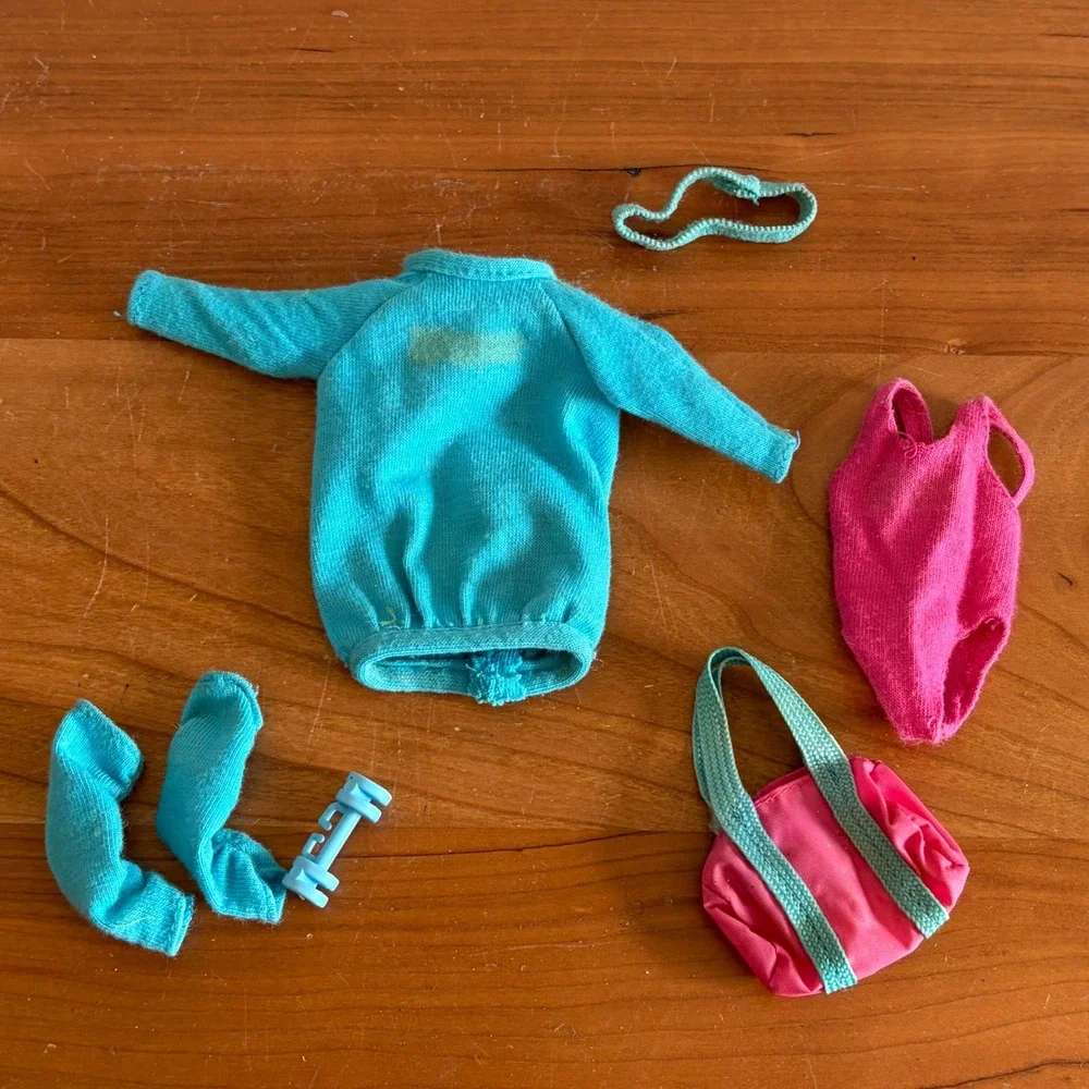Vintage Barbie Skipper Hot Stuff Outfit 1980s Teal Pink Swimsuit Bag Leg Warmers